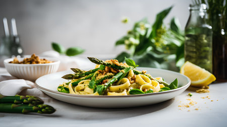 Tagliatelle pasta with asparagus and parmesan cheeseの素材