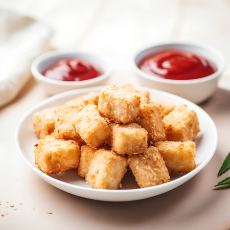 Fried bread croutons with ketchup on wooden background.の素材