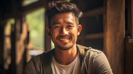 Portrait of a handsome young asian man smiling and looking at cameraの素材