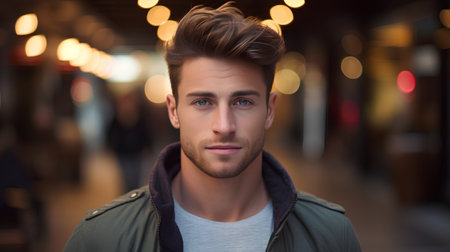 Portrait of a handsome young man in urban background. Men's beauty, fashion.の素材