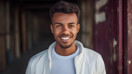 Portrait of young african american man smiling and looking at cameraの素材