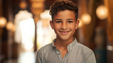 Portrait of a young boy smiling at the camera in the mosqueの素材