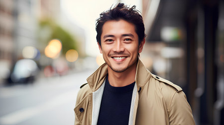 happy asian man in beige jacket walking on street in cityの素材
