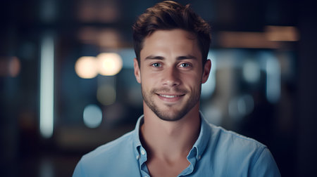 Portrait of handsome young man looking at camera and smiling while standing indoorsの素材