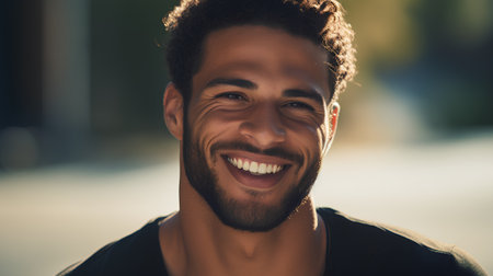 Portrait of a handsome young man laughing and looking at camera.の素材