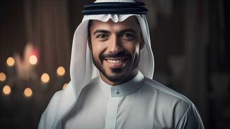 Portrait of a smiling arabic man in traditional clothes.の素材