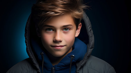 Portrait of a handsome young man in a hooded jacket. Men's beauty, fashion.の素材