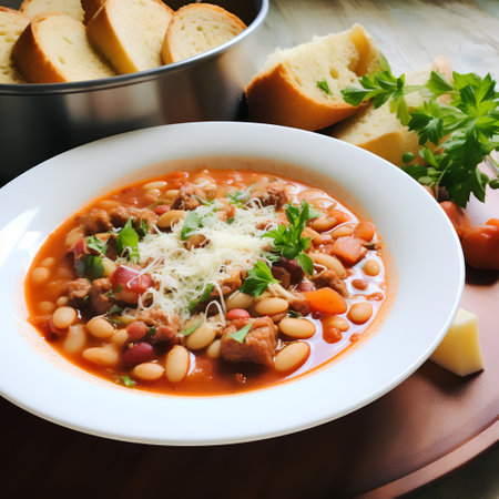 Bean soup with meat, tomato and cheese on a wooden backgroundの素材