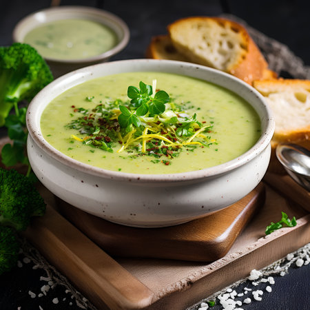 Bowl of broccoli cream soup with croutons on dark wooden backgroundの素材