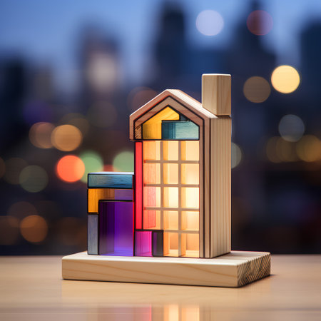Wooden toy house with colorful lights on bokeh background.の素材