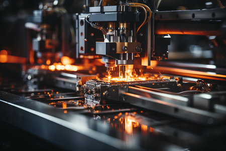 The CNC milling machine cutting the metal part with the sparking light. The hi-technology automotive part manufacturing process.の素材