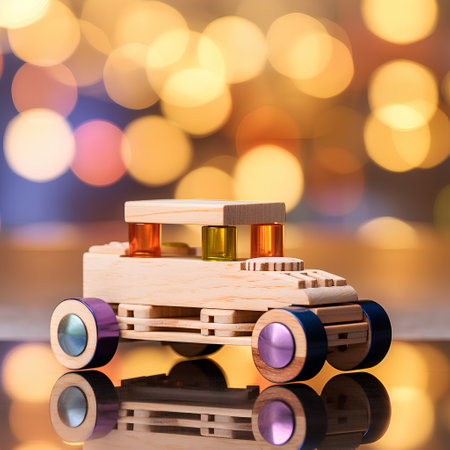 Wooden toy car with multicolored lights bokeh backgroundの素材
