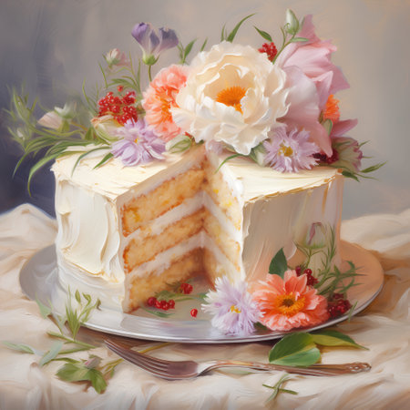Piece of cake with buttercream and flowers on a light backgroundの素材