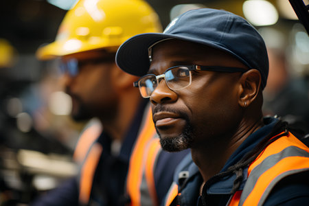 Portrait of African-american worker in safety helmet and reflective vest in industrial factory.の素材