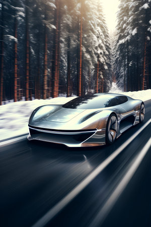 3d rendering of a sports car on the road in winter forestの素材