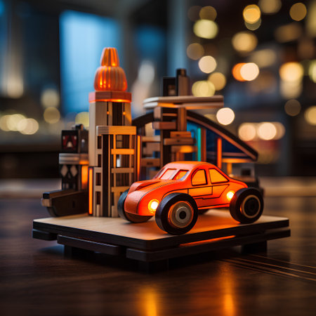 Toy car on the background of the city at night. The concept of a new car.の素材