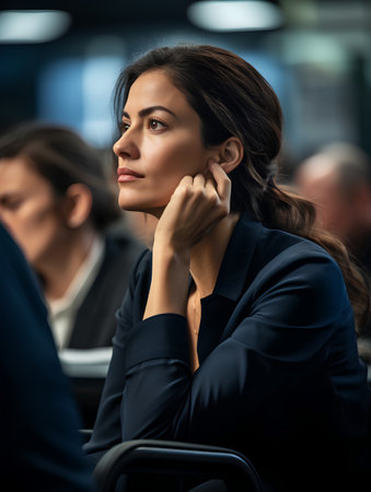 Young businesswoman sitting in conference room and looking away. Selective focus.の素材
