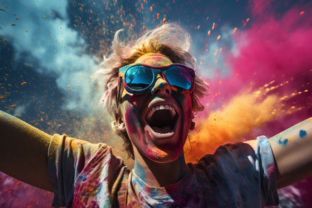Portrait of a happy young woman with bright colored hair and sunglasses. Holi festival.の素材