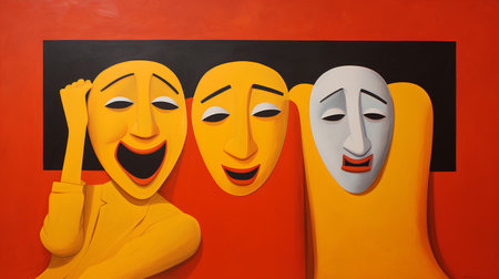 3d illustration of a group of happy and sad masks on a red backgroundの素材
