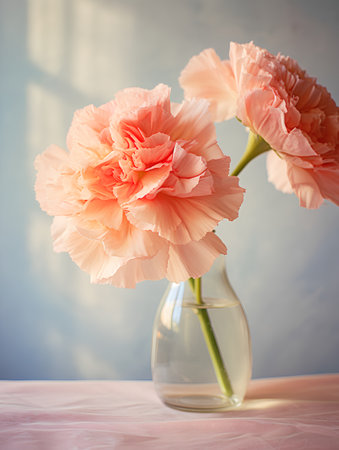 Carnation flowers in a vase on a light background.の素材