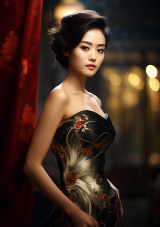 Portrait of beautiful asian woman in luxury dress, indoor shotの素材