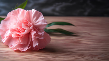 Pink carnation flower on wooden background. Copy space for text.の素材