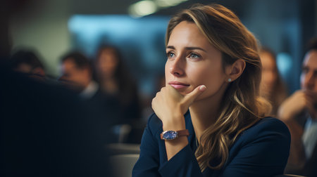Portrait of beautiful businesswoman looking away while sitting in conference hallの素材