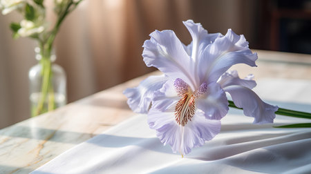 Beautiful iris flower on the table in the morning light.の素材