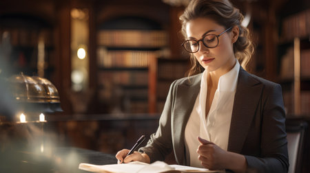 Beautiful businesswoman in eyeglasses writing in notebook while sitting at table in libraryの素材