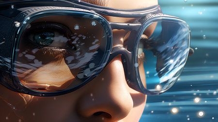 3d rendering of a female face with aviator goggles in a seaの素材