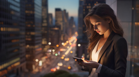 business, technology and internet concept - young businesswoman with smartphone over night city backgroundの素材