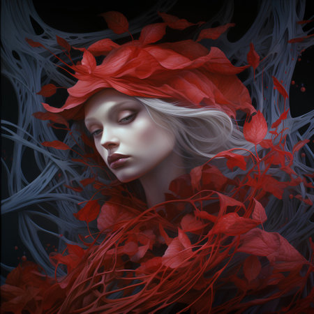 Beautiful girl with red leaves on a black background. 3d renderingの素材