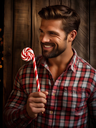 Handsome young man holding a lollipop and smiling while standing against wooden backgroundの素材