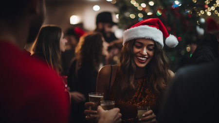 Young woman in Santa Claus hat drinking champagne and dancing with friends.の素材