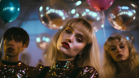 Party, holidays, celebration and people concept - close up portrait of young woman with colorful balloonsの素材