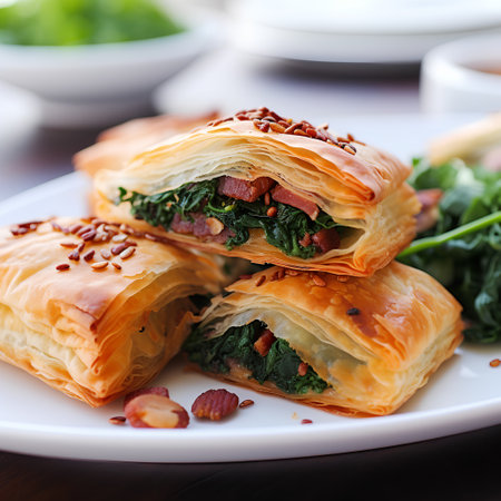 Puff pastry with spinach and bacon on a white plate. Selective focus.の素材
