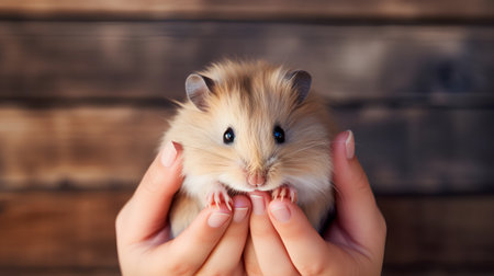 Cute little hamster in the hands on a wooden background.の素材