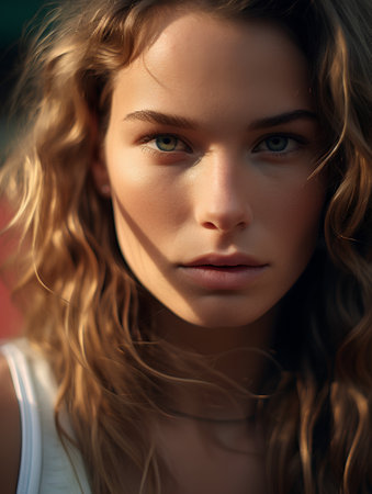 Closeup portrait of a beautiful young woman with curly hair looking at cameraの素材