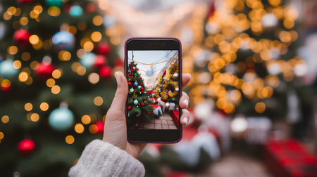 Woman hand taking photo of christmas tree with smartphone on blurred backgroundの素材