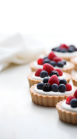 Delicious tartlets with berries on white wooden table, selective focusの素材