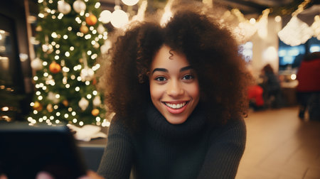 Portrait of a beautiful african american woman with curly hair using digital tablet in cafeの素材