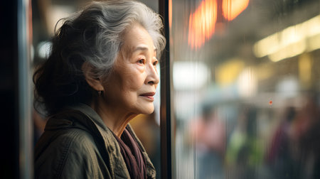 Portrait of Asian senior woman looking through the window at the cityの素材