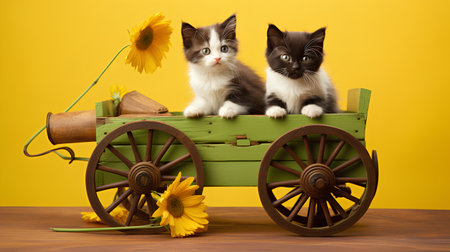 Two black and white kittens sitting in a wooden cart with flowers on a yellow backgroundの素材