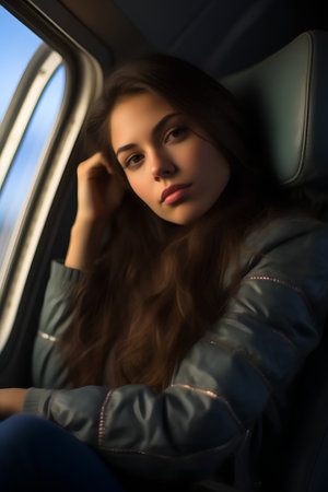Portrait of a beautiful young brunette woman in a car.の素材