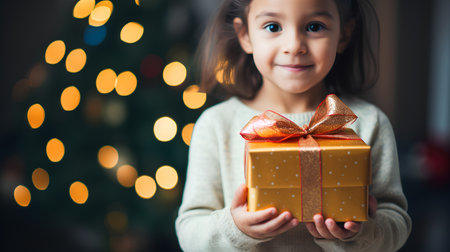 Little girl holding a gift box against the background of a Christmas treeの素材