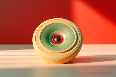 Golden speaker on a red background. 3d render. Music conceptの素材