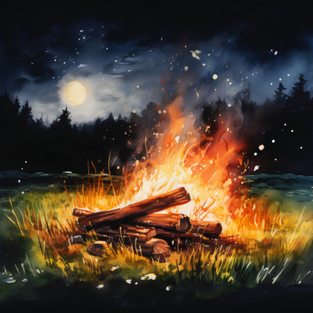 Burning bonfire in the forest at night. Watercolor illustrationの素材