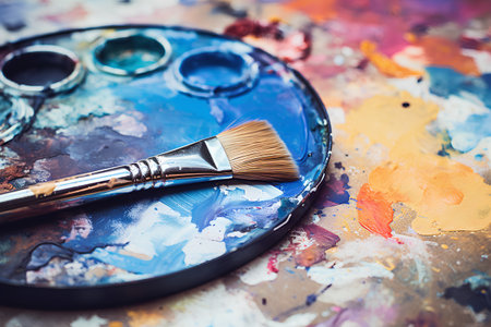 Paint brushes and palette of colors on a grunge background.の素材