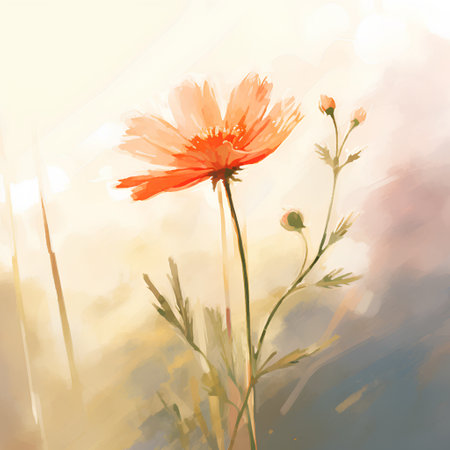 Colorful chamomile flower on grunge watercolor backgroundの素材