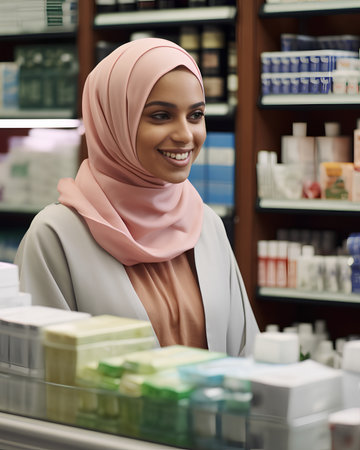 Portrait of smiling young muslim woman in drugstore looking at cameraの素材